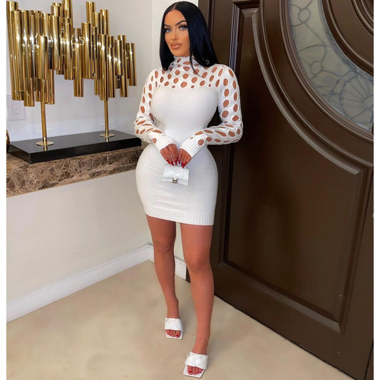 LADIES LONG SLEEVE DRESS              WHITE / BLACK / PURPLE              (SIZE  S - XL)