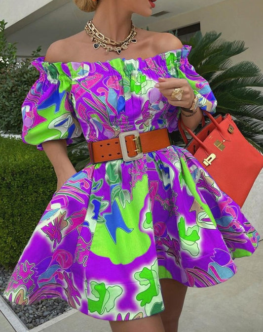 LADIES OFF THE SHOULDER DRESS              YELLOW / PURPLE / ORANGE              (SIZE  S / M / L / XL