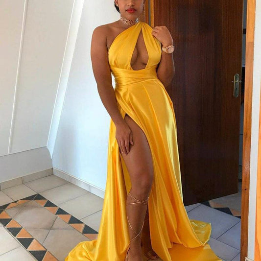 LADIES LONG DRESS WITH SLIT              YELLOW / BLACK             (SIZE  S - 3XL)