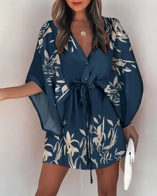 LADIES SHORT FLORAL DRESS         BLUE          (SIZE  S - 2XL)
