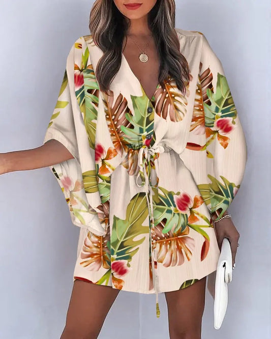 LADIES FLORAL DRESS             YELLOW BEIGE LEAF         (SIZE  S - 2XL)