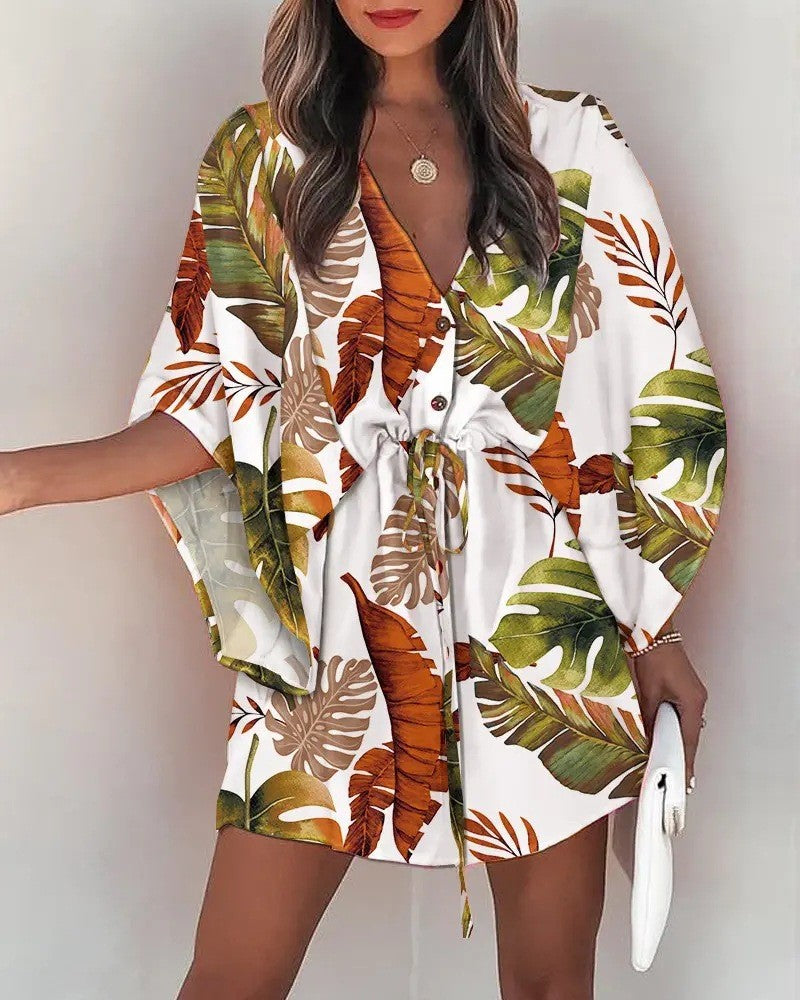 LADIES FLORAL DRESS            WHITE BROWN GREEN          (SIZE  S - 2XL)