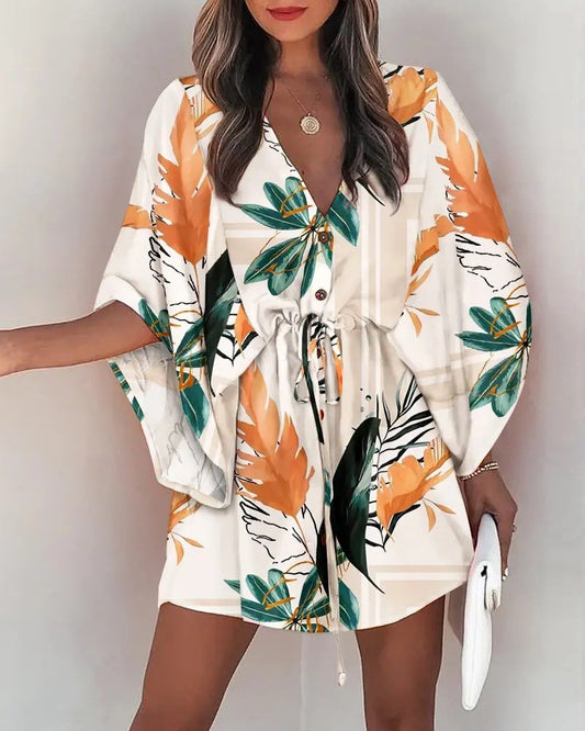 LADIES FLORAL DRESS         BEIGE LEAVES       (SIZE  S - 2XL)