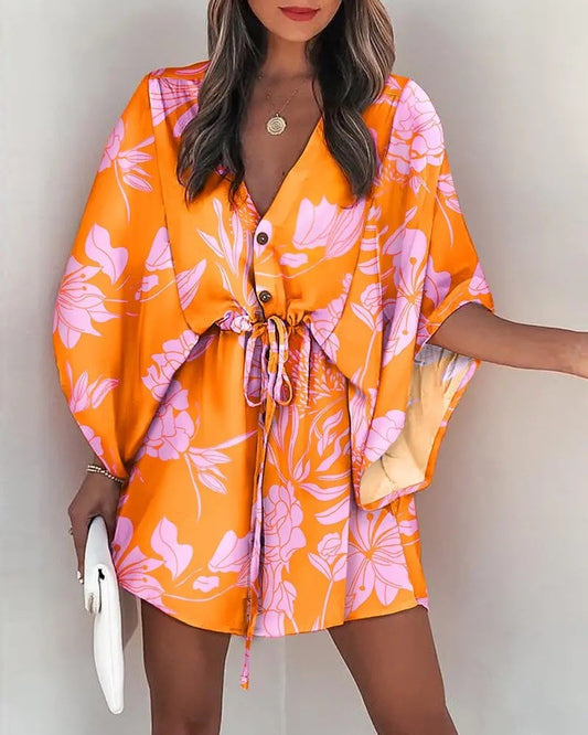 LADIES FLORAL DRESS            ORANGE PINK         (SIZE  S - 2XL)