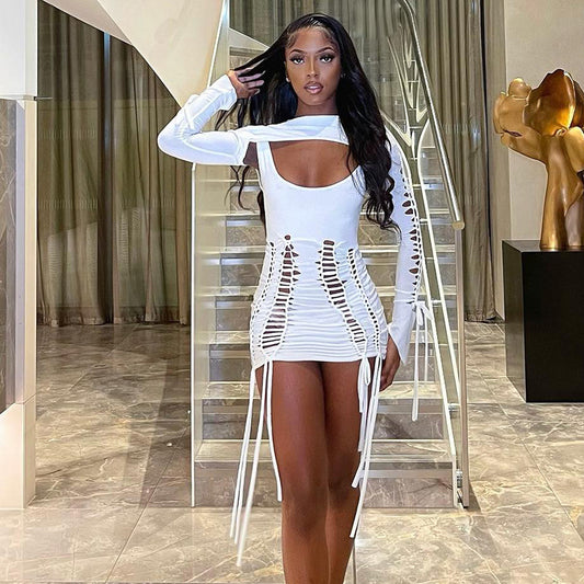 LADIES CUT OUT DRESS            WHITE            (SIZE  S - L)