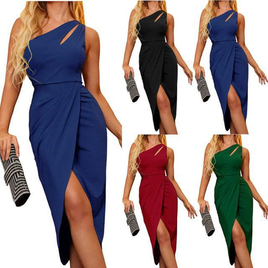 LADIES ONE SHOULDER DRESS             WINE RED / BLACK / GREEN / BLUE             (SIZE  S - 2XL)