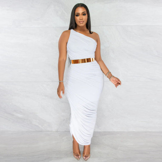 LADIES ONE SHOULDER DRESS            WHITE / BLACK / LIGHT PURPLE / DARK PINK          (SIZE  S - 2XL)