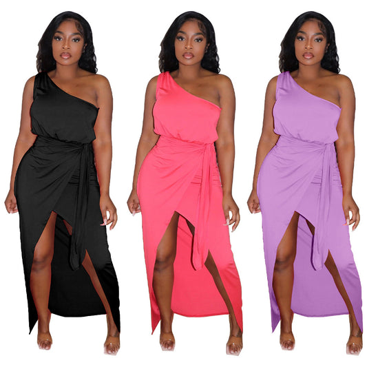 LADIES ONE SHOULDER DRESS             BLACK / LIGHT PURPLE / PINK            (SIZE  S - 2XL)