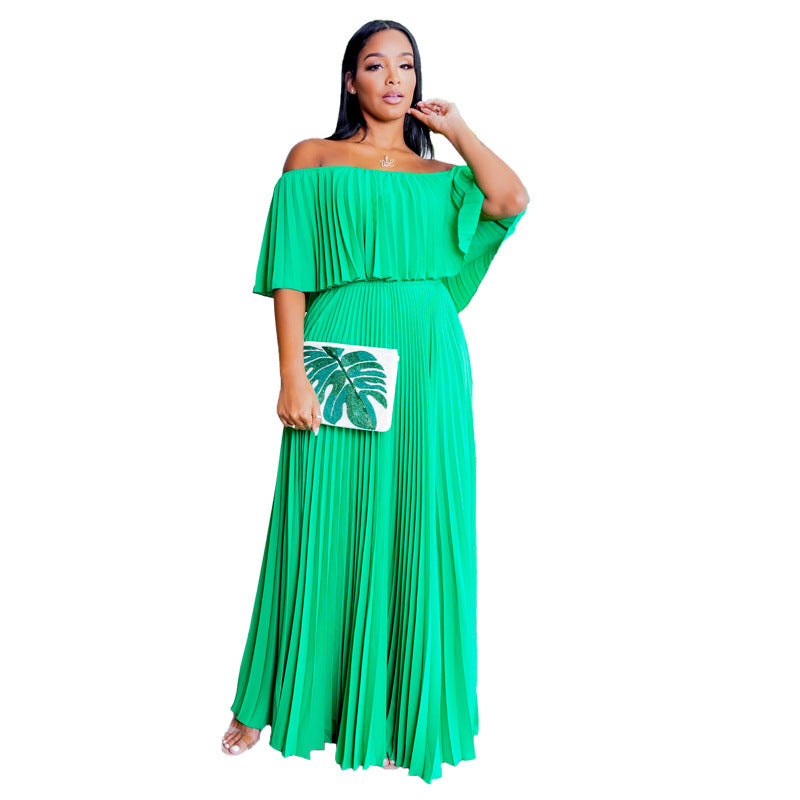 LADIES OFF THE SHOULDER DRESS            WHITE / GREEN              (SIZE  S - XL)