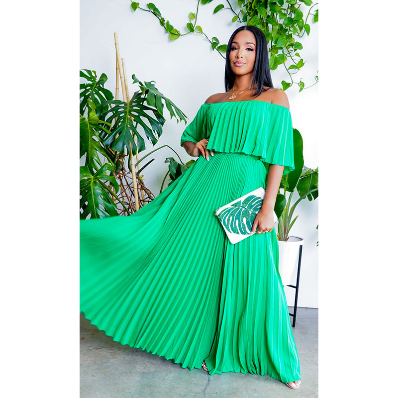 LADIES OFF THE SHOULDER DRESS            WHITE / GREEN              (SIZE  S - XL)