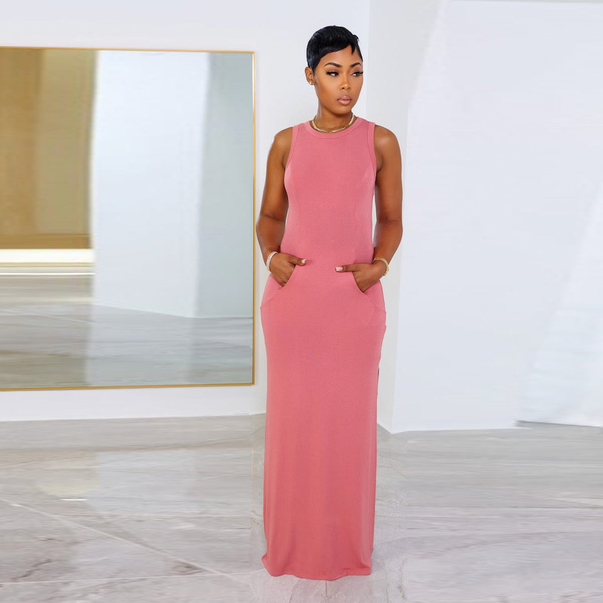 LADIES SLEEVELESS DRESS WITH POCKETS               YELLOW / PINK / DARK GRAY / PEACHY               (SIZE  S - 2XL)