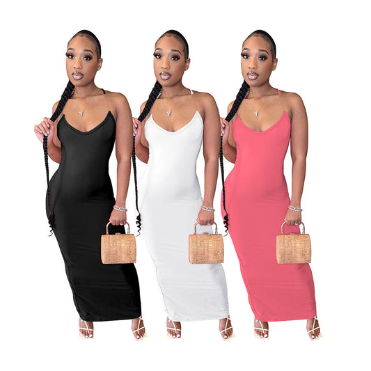 LADIES LONG DRESS               BLACK / WHITE / PINK             (SIZE  S - 2XL)