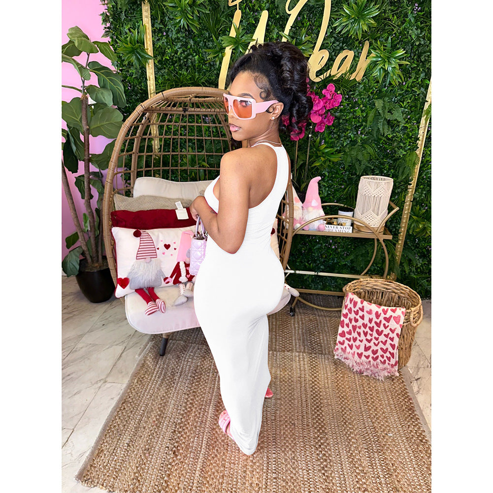 LADIES LONG DRESS               BLACK / WHITE / PINK             (SIZE  S - 2XL)