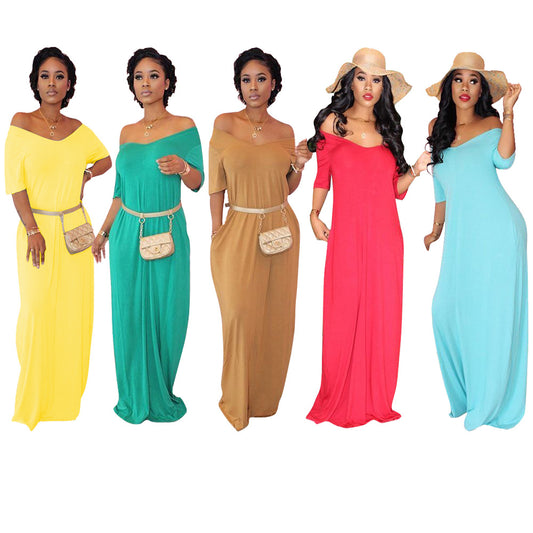 LADIES SHORT SLEEVE DRESS               KHAKI / YELLOW / RED / BLACK /  LIGHT BLUE / GREEN              (SIZE  S - 3XL)