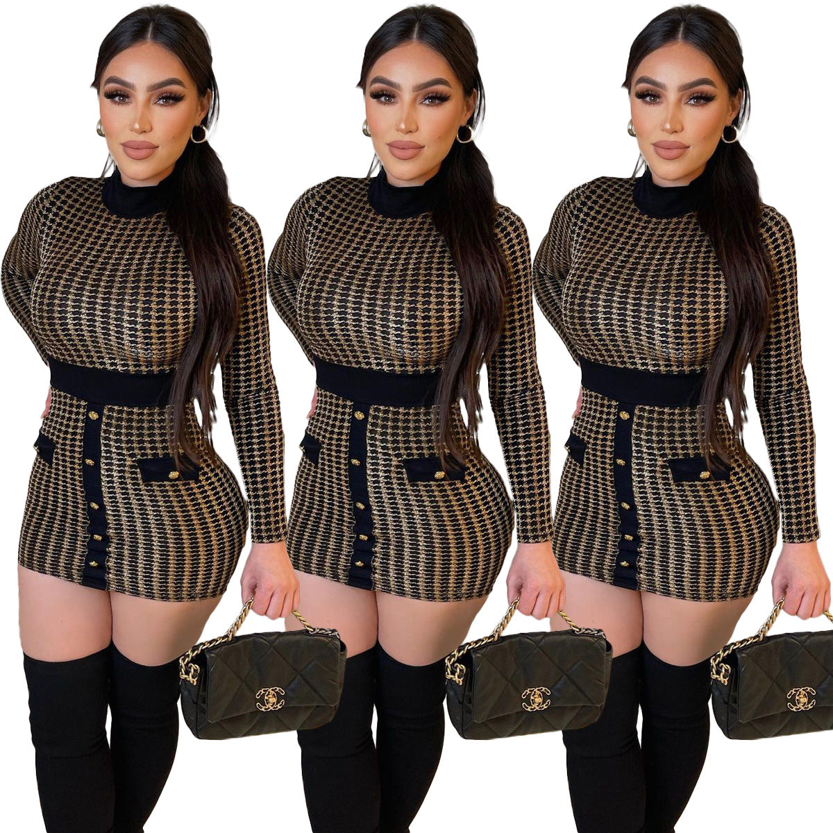 LADIES LONG SLEEVE MINI DRESS              GOLD              (SIZE  S - XL)