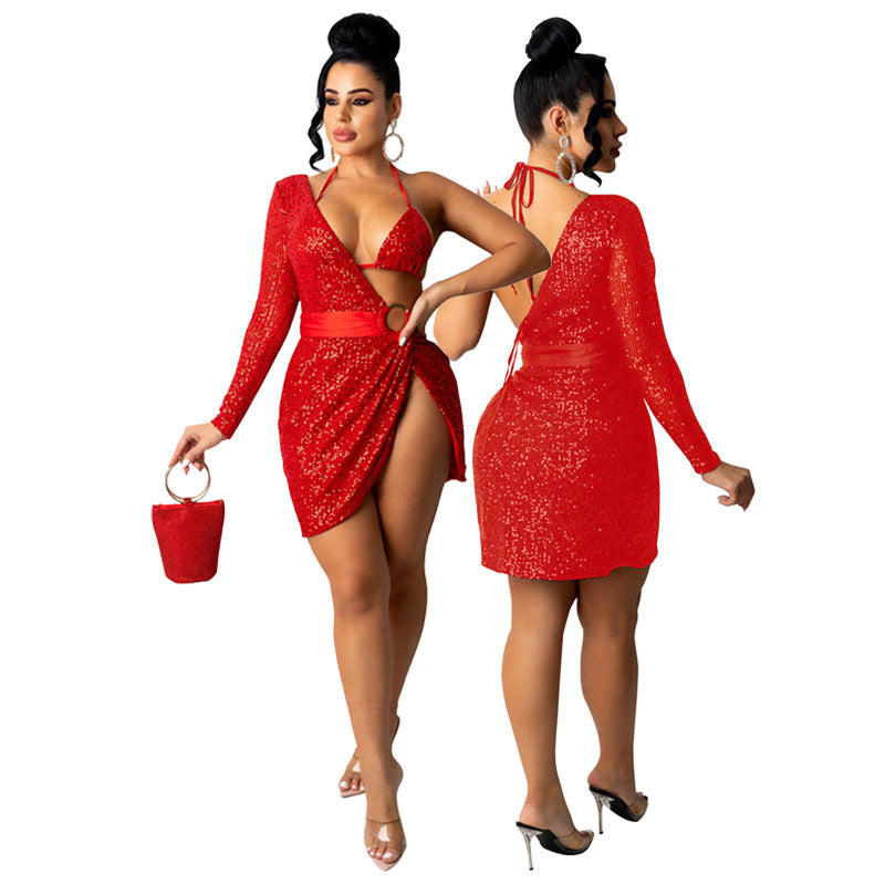 LADIES ONE SLEEVE MINI DRESS             RED / BLACK / CHAMPAGNE               (SIZE  S - 2XL)