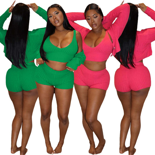 LADIES 3 PIECE SHORTS SET               PINK / GREEN               (SIZE  S - 2XL)
