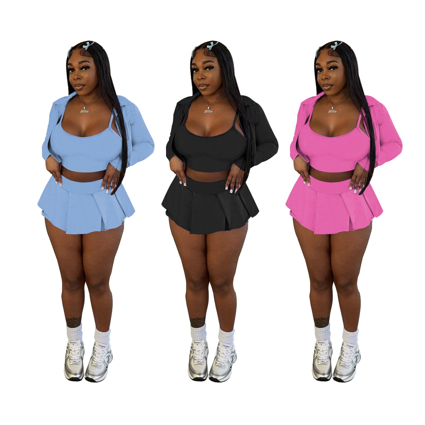 LADIES 3 PIECE SKIRT SET            BLUE / PINK / BLACK               (SIZE  S - XL)