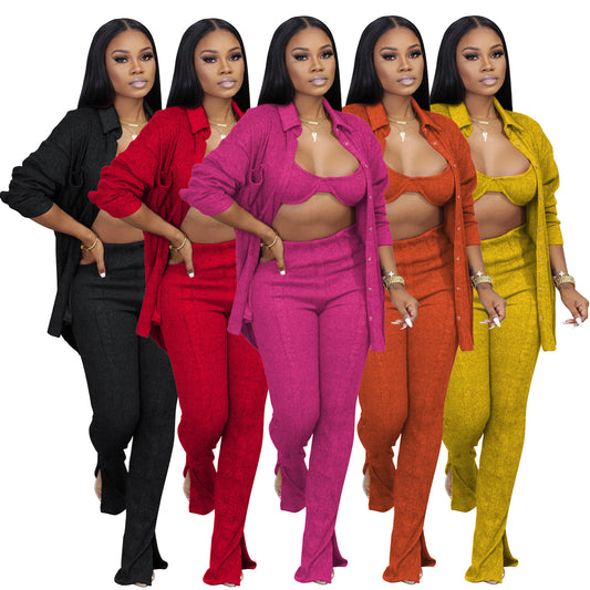 LADIES 3 PIECE PANTS SET              BLACK / RED / ORANGE / YELLOW / PINK              (SIZE  S - 2XL)