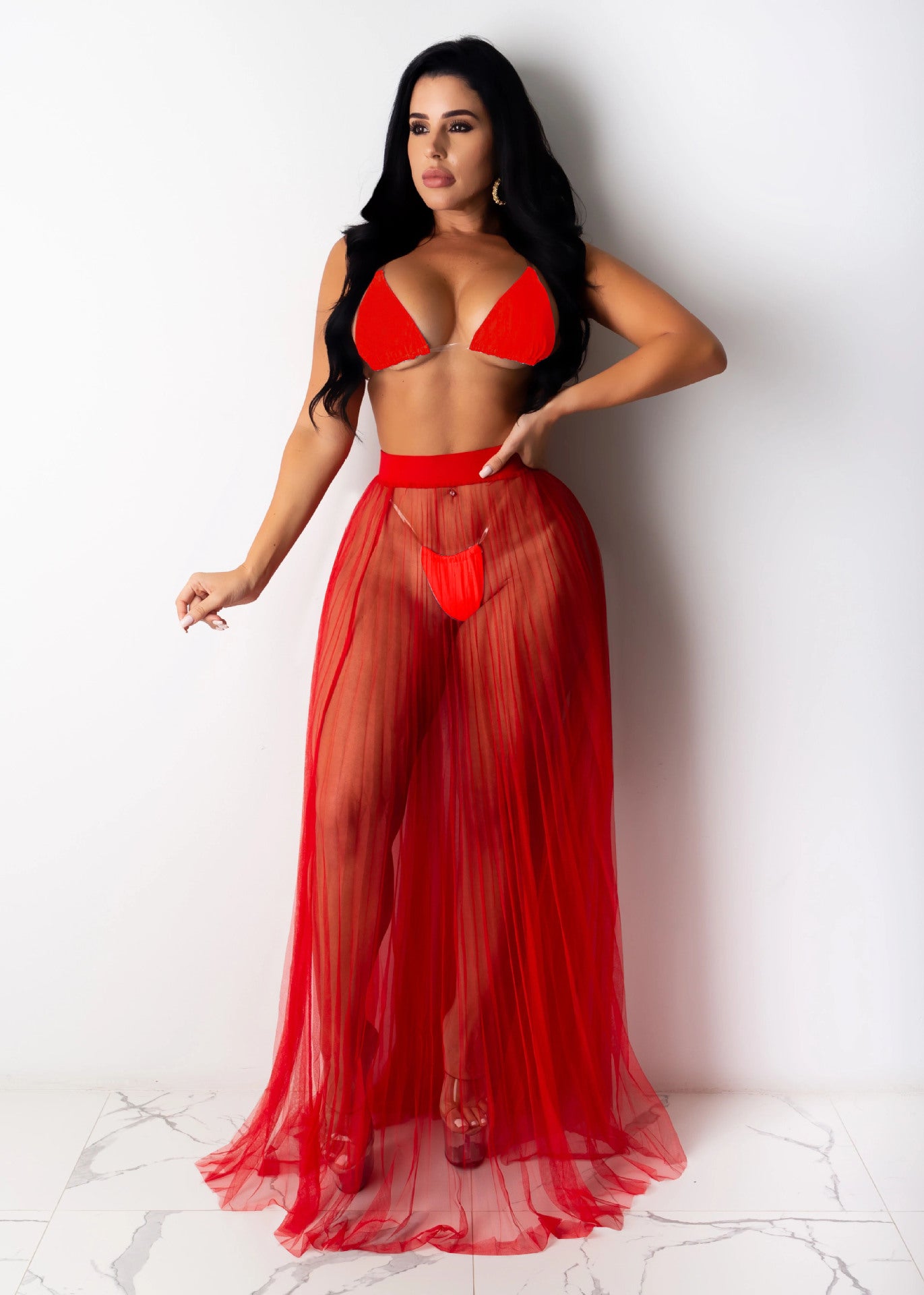 LADIES 3 PIECE BEACHWEAR SET             RED / GREEN / BLACK              (SIZE  S - 4XL)