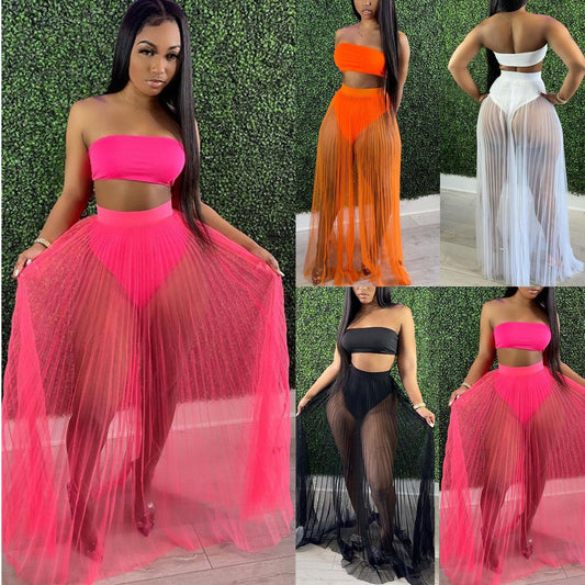 LADIES 3 PIECE SKIRT SET              WHITE / ORANGE / BLACK / PINK                (SIZE  S - 2XL)