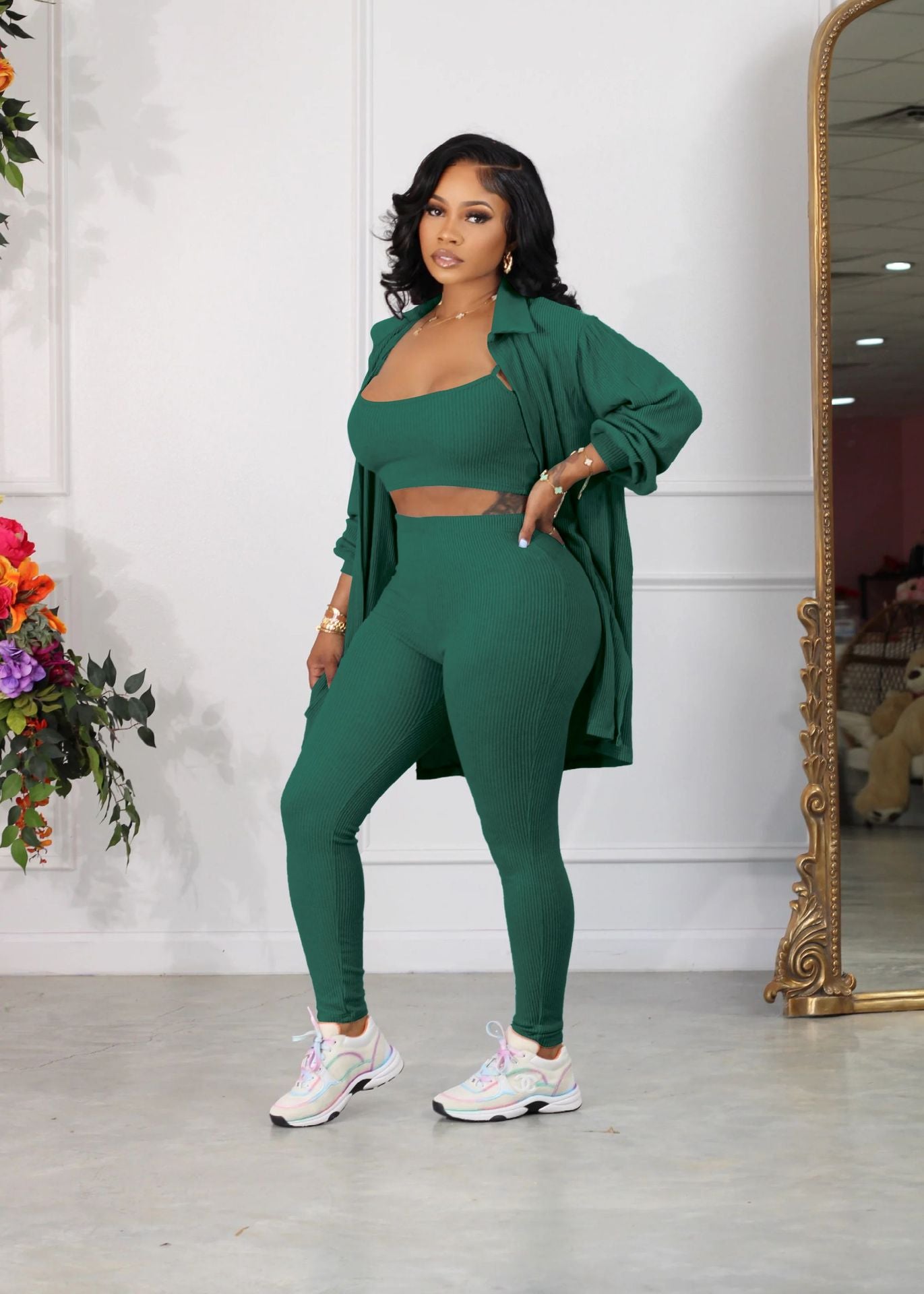 LADIES 3 PIECE PANTS SET             BLACK / APRICOT / BLUE / GREEN            (SIZE  S - XL)