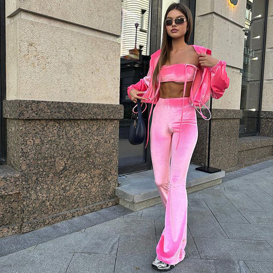 LADIES 3 PIECE PANTS SET               PINK               (SIZE  S - L)