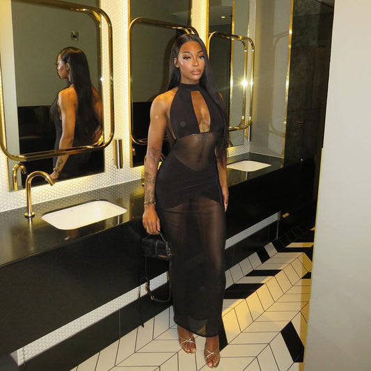 LADIES HALTERNECK MESH DRESS            BLACK           (SIZE  S - L)