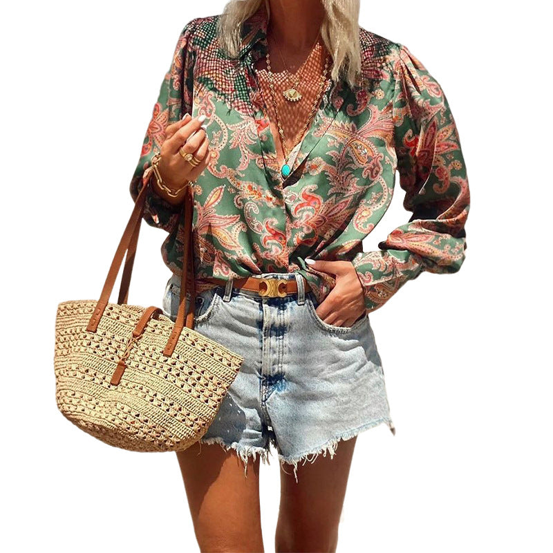 LADIES LONG SLEEVE PRINTED BLOUSE TOP              GREEN MULTICOLOUR              (SIZE  S - XL)