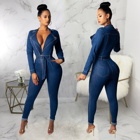 LADIES LONG DENIM JUMPSUIT              DARK BLUE DENIM              (SIZE  M - 2XL)