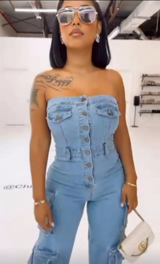 LADIES DENIM JUMPSUIT                  LIGHT BLUE DENIM                   (SIZE  S - 2XL)