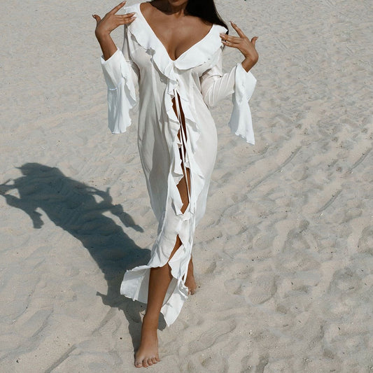 LADIES LONG SLEEVE BEACHWEAR COVER UP DRESS            WHITE / BLACK            (SIZE  S - L)
