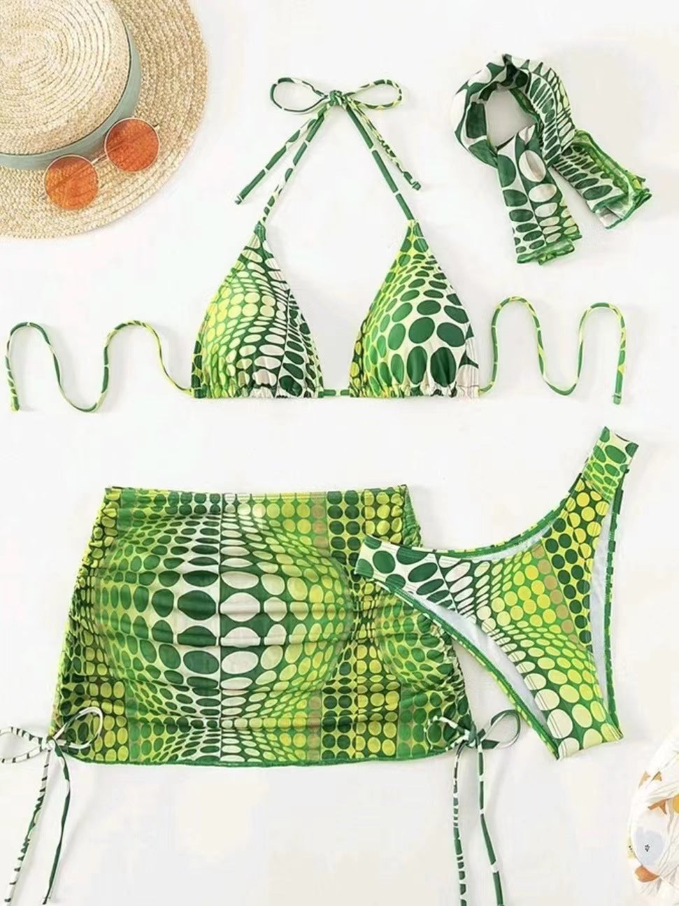 LADIES 4 PIECE SWIMSUIT SWIMWEAR SET            ORANGE / DARK BLUE / GREEN            (SIZE  S - XL)