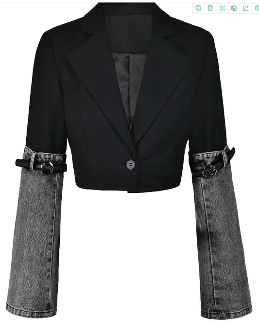 LADIES JACKET WITH BELTED DENIM SLEEVES          GRAY             (SIZE  S - XL)