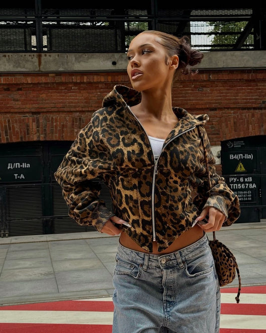 LADIES IRREGULAR WAIST HOODED JACKET            LEOPARD                (SIZE  S - L)