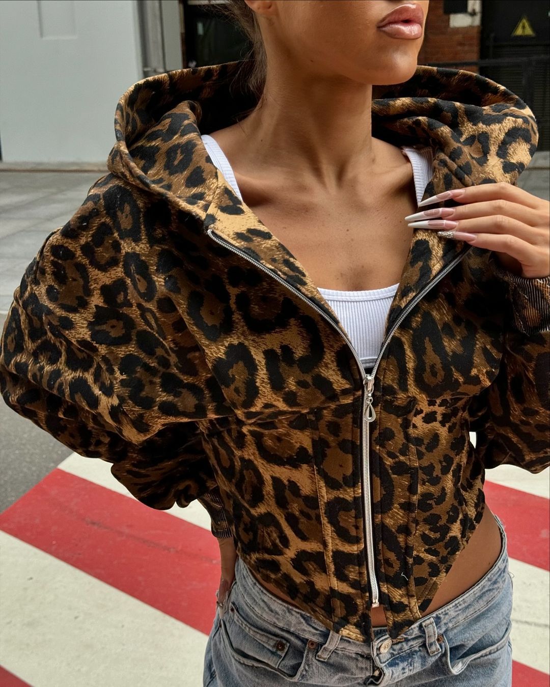 LADIES IRREGULAR WAIST HOODED JACKET            LEOPARD                (SIZE  S - L)