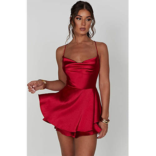 LADIES SLIM WAIST SEXY LACE UP BACK SHORT DRESS          RED / CHAMPAGNE / GREEN / LIME GREEN / DARK COPPER BROWN / PINK / BLACK           (SIZE:  S - L)