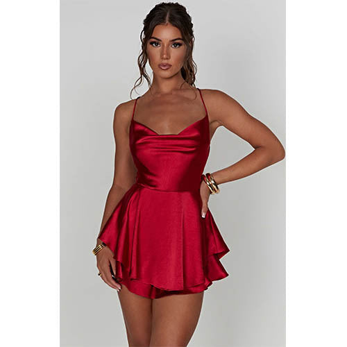 LADIES SLIM WAIST SEXY LACE UP BACK SHORT DRESS          RED / CHAMPAGNE / GREEN / LIME GREEN / DARK COPPER BROWN / PINK / BLACK           (SIZE:  S - L)