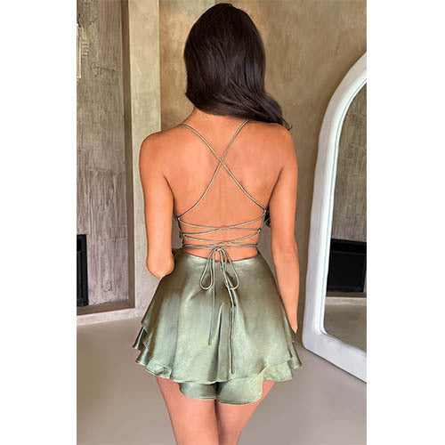 LADIES SLIM WAIST SEXY LACE UP BACK SHORT DRESS          RED / CHAMPAGNE / GREEN / LIME GREEN / DARK COPPER BROWN / PINK / BLACK           (SIZE:  S - L)
