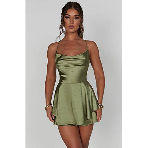 LADIES SLIM WAIST SEXY LACE UP BACK SHORT DRESS          RED / CHAMPAGNE / GREEN / LIME GREEN / DARK COPPER BROWN / PINK / BLACK           (SIZE:  S - L)