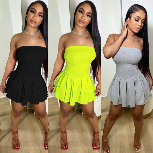 LADIES SHORT STRAPLESS DRESS          GRAY / BLACK/ YELLOW-GREEN          (SIZE  XS - 2XL)