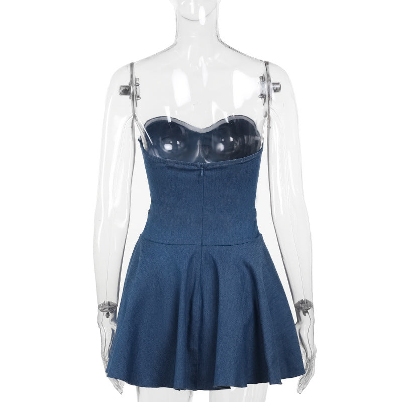 LADIES SHORT STRAPLESS DENIM MINI DRESS          BLUE DENIM          (SIZE  S - L)