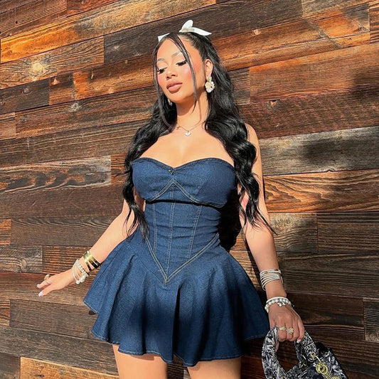 LADIES SHORT STRAPLESS DENIM MINI DRESS          BLUE DENIM          (SIZE  S - L)