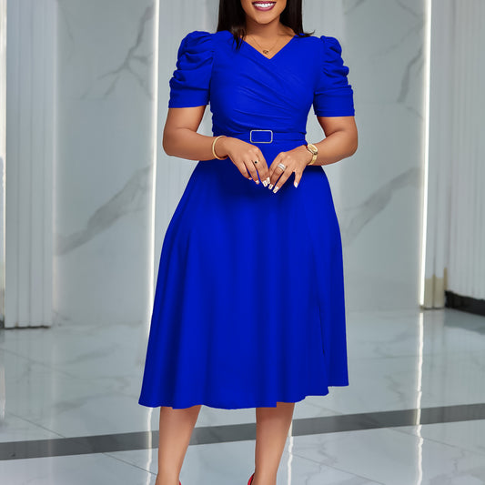 LADIES V-NECK PLEATED DRESS          BRIGHT BLUE / RED / BLACK / GREEN           (SIZE  S - 3XL)