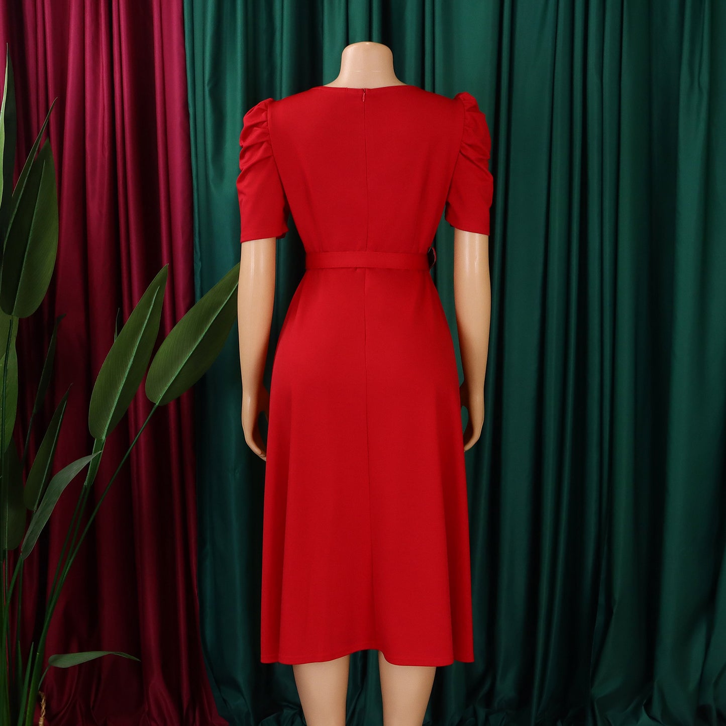 LADIES V-NECK PLEATED DRESS          BRIGHT BLUE / RED / BLACK / GREEN           (SIZE  S - 3XL)