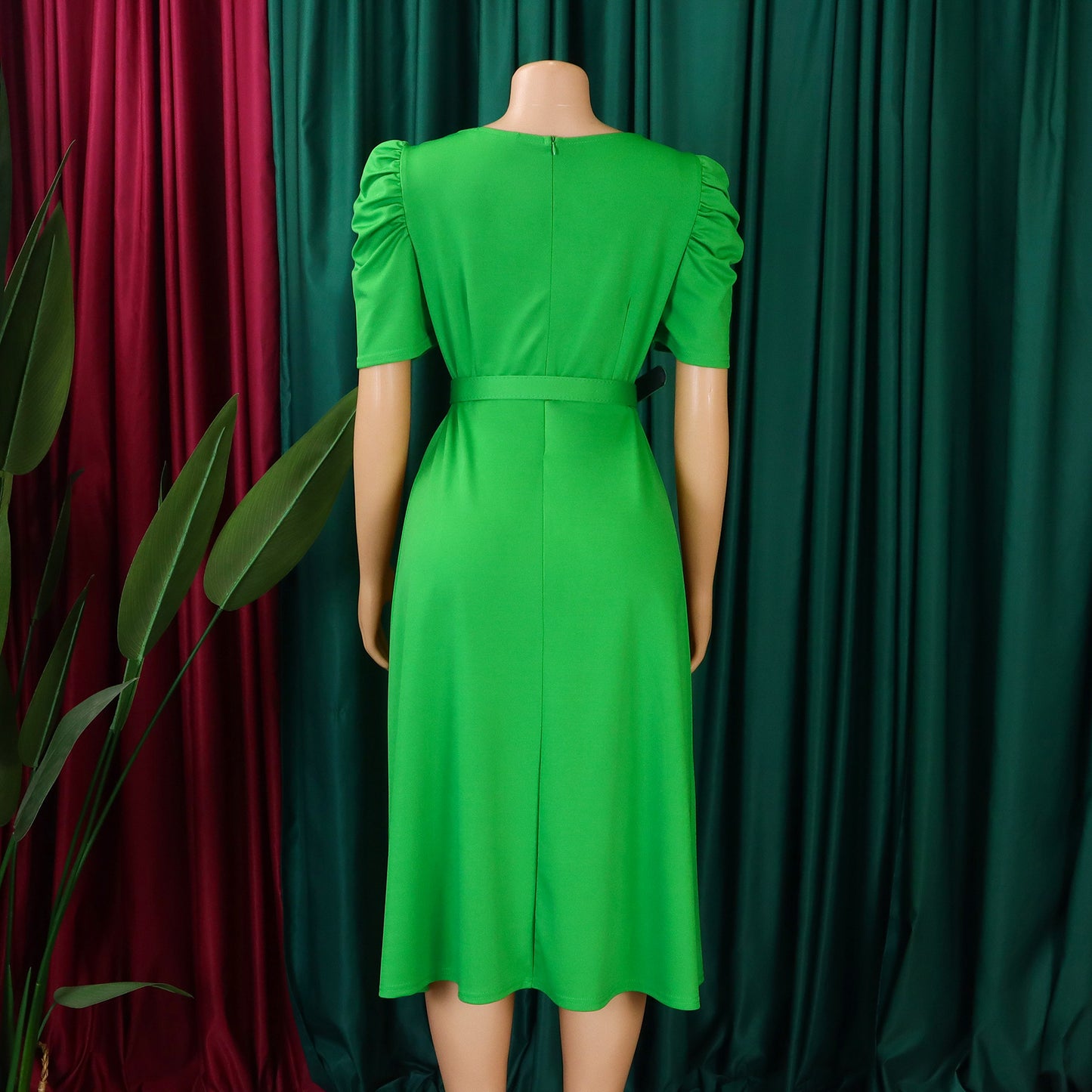 LADIES V-NECK PLEATED DRESS          BRIGHT BLUE / RED / BLACK / GREEN           (SIZE  S - 3XL)