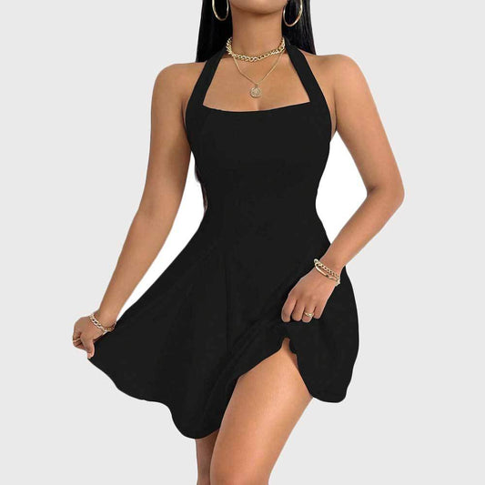 LADIES HALTERNECK A-LINE MINI DRESS            BLACK           (SIZE  S - L)