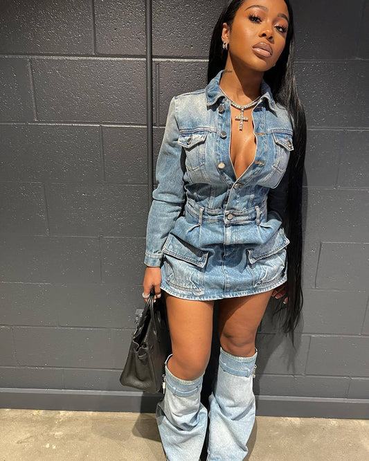 LADIES SHORT DENIM MINI DRESS WITH CUFFS            LIGHT BLUE DENIM            (SIZES:  S - 2XL)