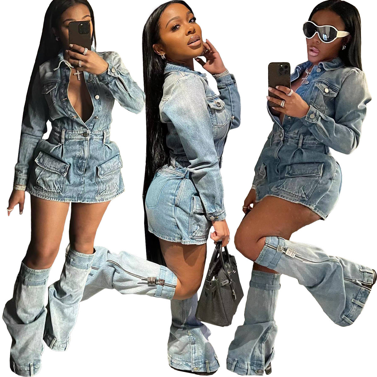LADIES SHORT DENIM MINI DRESS WITH CUFFS            LIGHT BLUE DENIM            (SIZES:  S - 2XL)