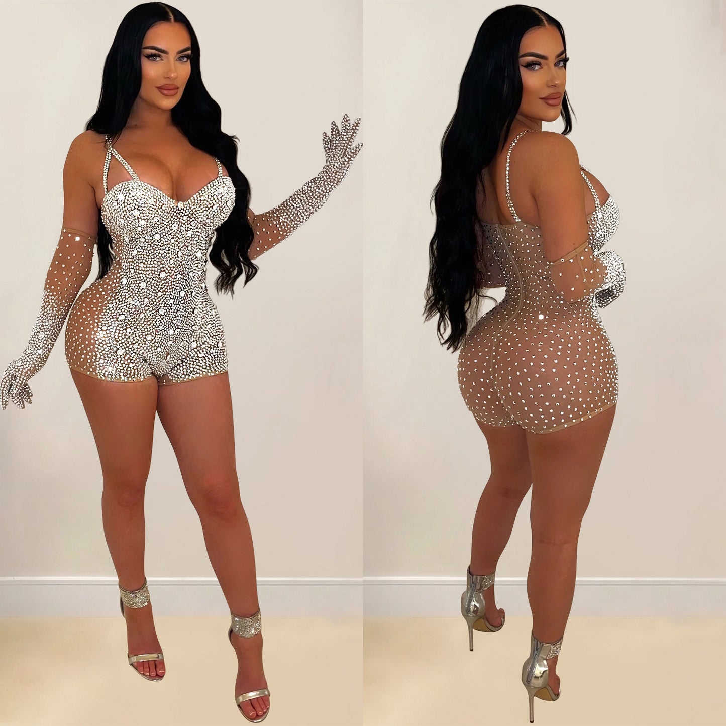 LADIES SPARKLY SEE-THROUGH MESH NIGHTCLUB JUMPSUIT/ROMPER            BLACK / APRICOT-BEIGE             (SIZE  S - 2XL)